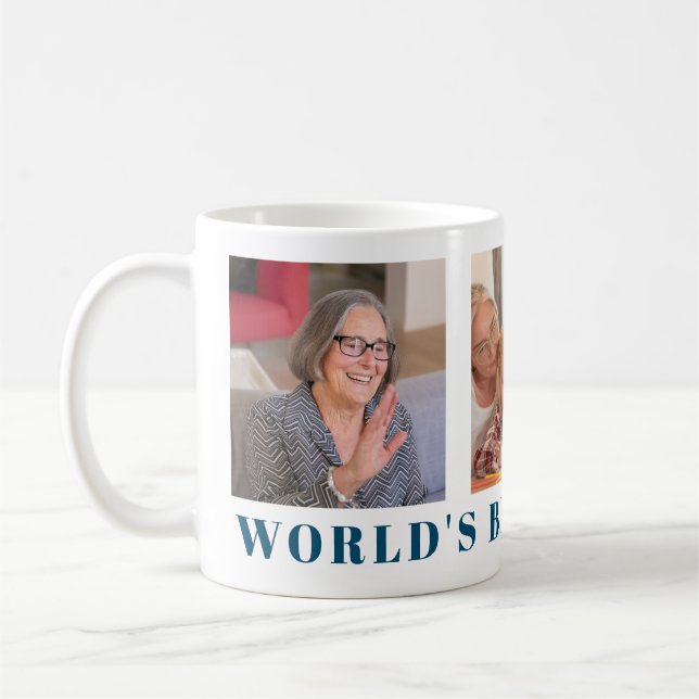 Worlds Best Grandma Modern Navy Blue three Photo  Coffee Mug (Left)