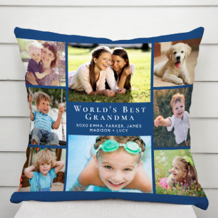 World's Best Grandma Photo Collage Blue Cushion