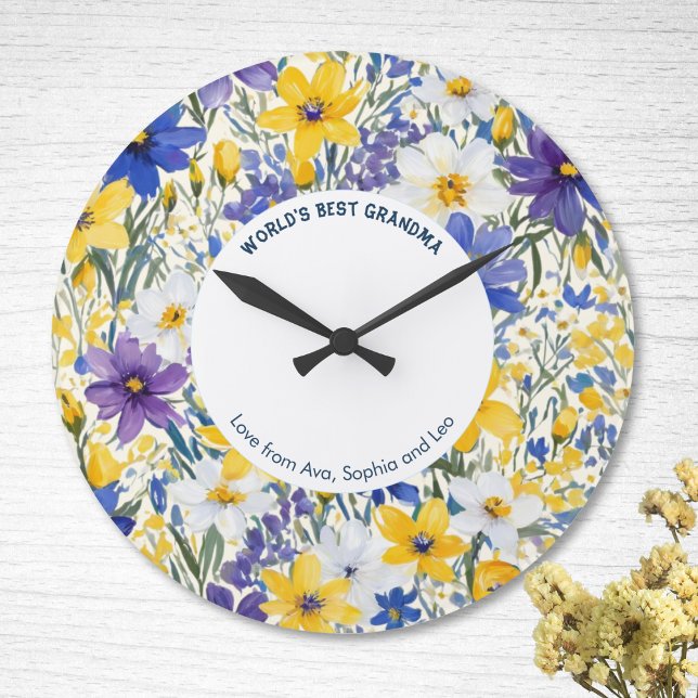 World's Best Grandma Pretty Floral Personalised Large Clock (A customisable wall clock with 'World's Best Grandma' caption and pretty Spring floral design)