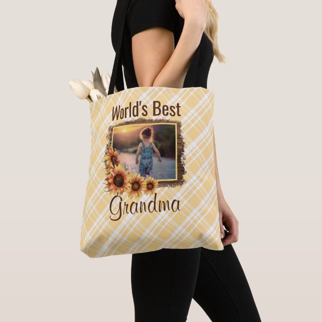 World's Best Grandma Sunflowers And Plaid Tote Bag (Close Up)