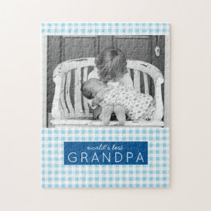 World's Best Grandpa Blue Plaid Personalized Photo Jigsaw Puzzle