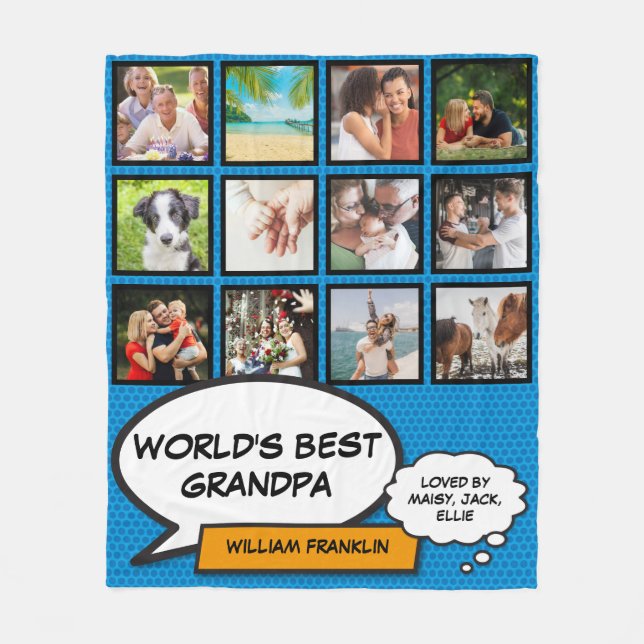 World's Best Grandpa, Grandfather 12 Photo Blue Fleece Blanket (Front)