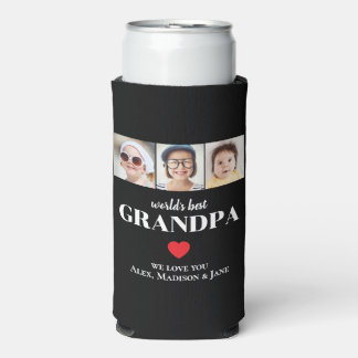 Worlds Best Grandpa We love you 3 Kids Photo Names Seltzer Can Cooler