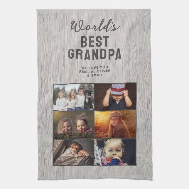 World's Best Grandpa Wood 6 Photo Collage Tea Towel (Vertical)