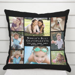World's Best Grandparents Photo Collage Black Cushion<br><div class="desc">Give the world's best grandparents a custom photo pillow featuring an 8 photo collage of their grandchildren,  their names,  and "World's Best Grandparents" in elegant white typography on a black background.</div>