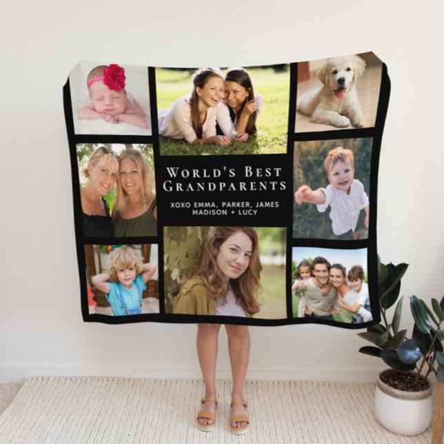 World's Best Grandparents Photo Collage Black Fleece Blanket (Creator Uploaded)