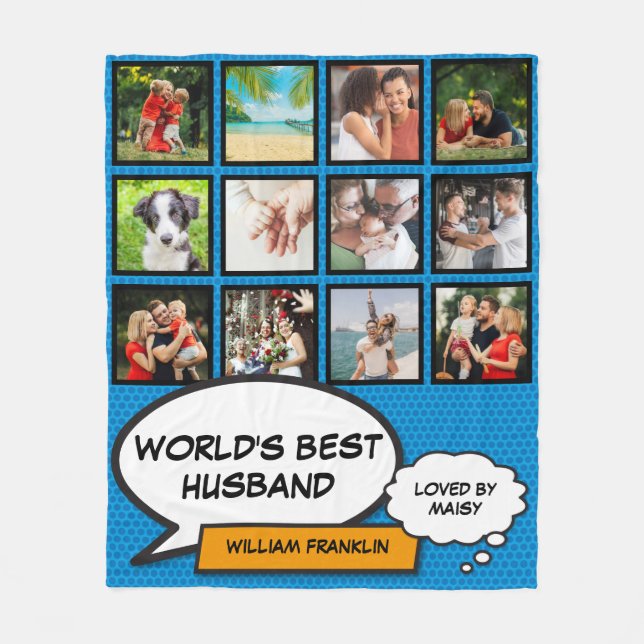 World's Best Husband Fun Cool Comic Photo Collage Fleece Blanket (Front)
