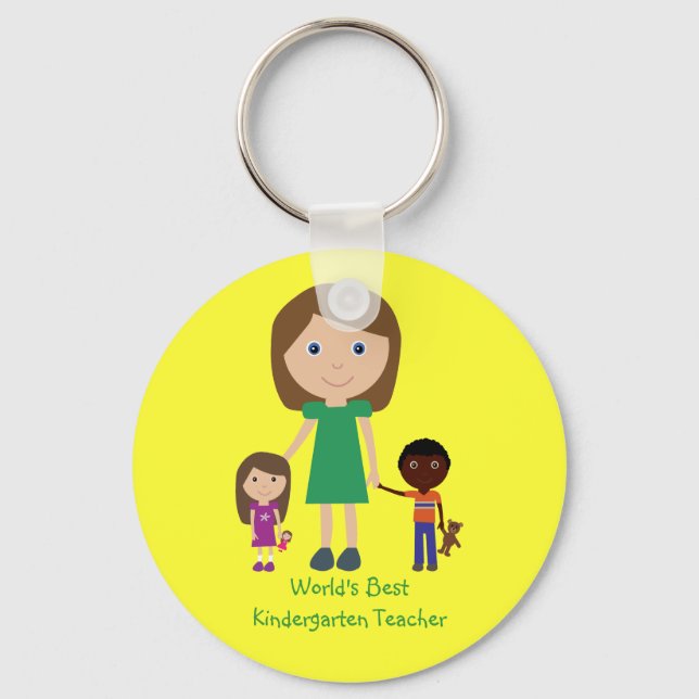World's Best Kindergarten Teacher Cute Cartoon Key Ring (Front)