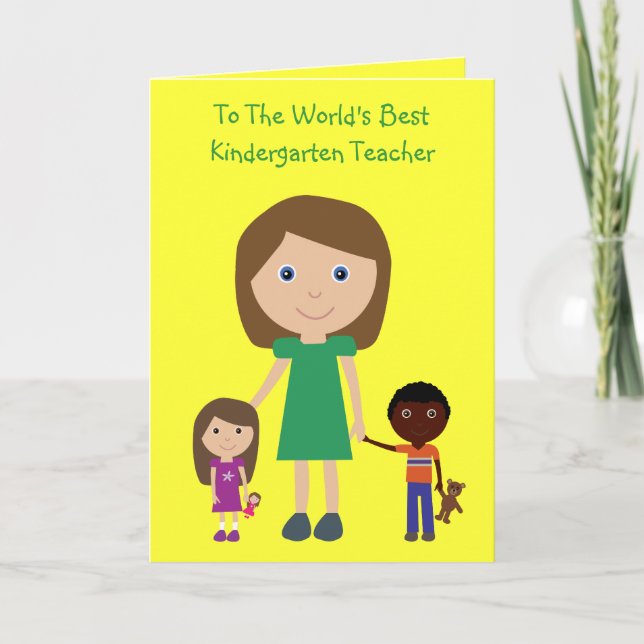 World's Best Kindergarten Teacher Cute Cartoon Thank You Card (Front)