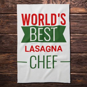 World's Best Lasagne  Chef   -  red white green  Tea Towel