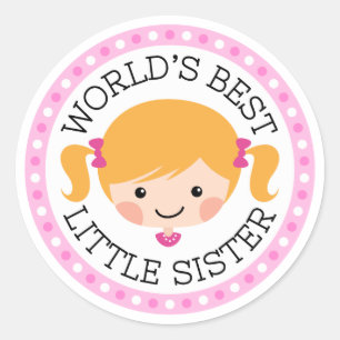 Worlds best little sister cartoon girl blonde hair classic round sticker