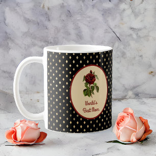 World's Best Mom Burgundy Rose on Black Harlequin Coffee Mug