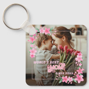 WORLD'S BEST MOM EVER Photo Floral Custom Text Key Ring