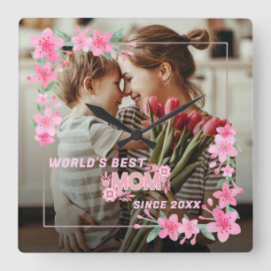 WORLD'S BEST MOM EVER Photo Floral Custom Text Square Wall Clock