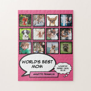 Worlds Best Mum 12 Photo Collage Pink Jigsaw Puzzle