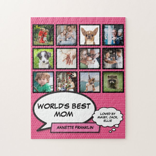 Worlds Best Mum 12 Photo Collage Pink Jigsaw Puzzle (Vertical)