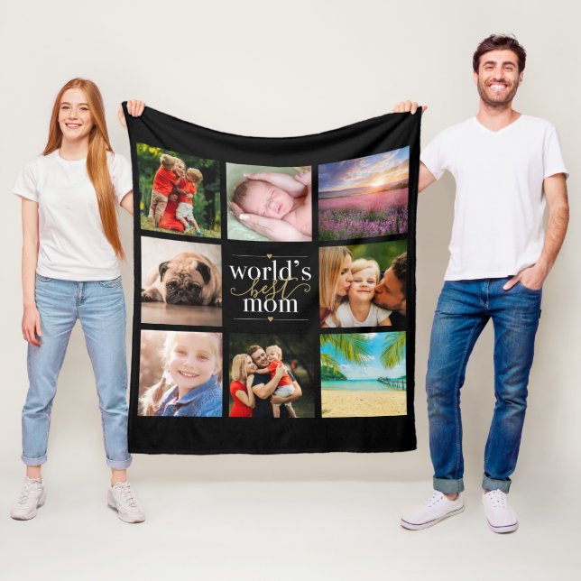 Worlds Best Mum 8 Photo Collage Black And Gold Fleece Blanket (In Situ)