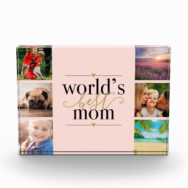Worlds Best Mum Blush Pink and Gold 6 Photo Block (Front)