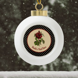 World's Best Mum Burgundy Rose on Black Harlequin Ceramic Ball Christmas Ornament