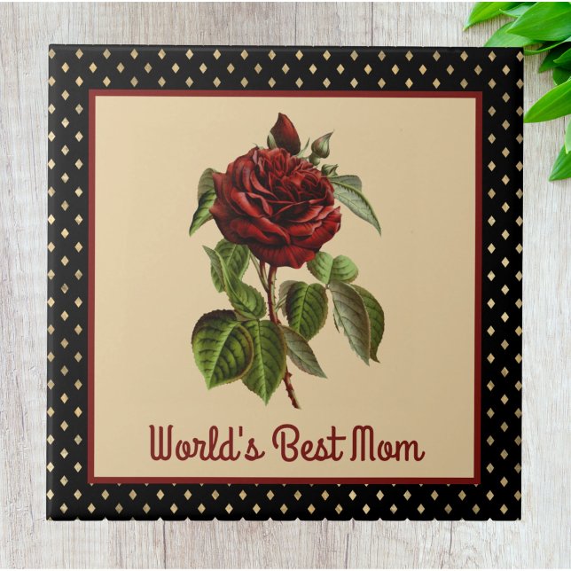 World's Best Mum Burgundy Rose on Black Harlequin Ceramic Tile (Creator Uploaded)