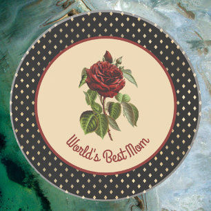 World's Best Mum Burgundy Rose on Black Harlequin Coaster