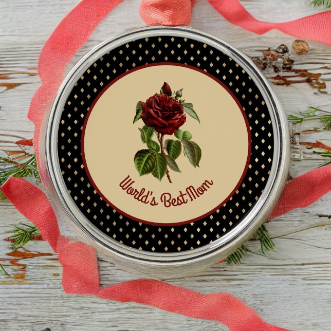 World's Best Mum Burgundy Rose on Black Harlequin Metal Ornament (Creator Uploaded)