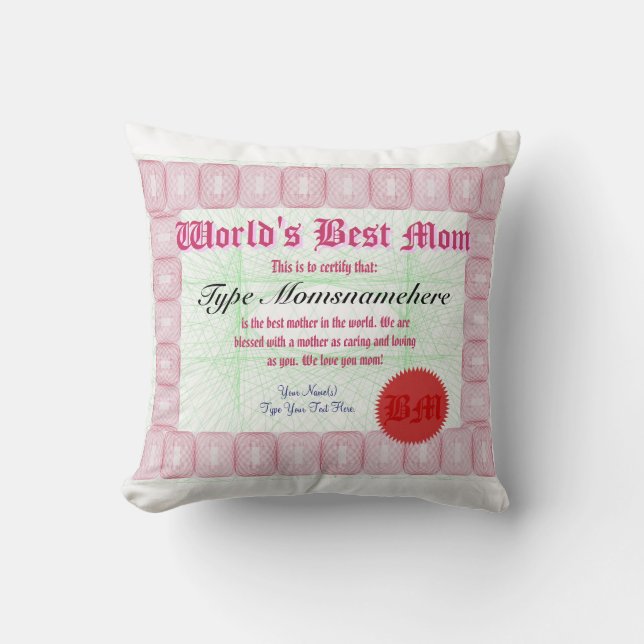 World's Best Mum Certificate Award Cushion (Front)
