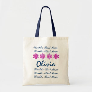 World's Best Mum Custom Name Navy and Pink Flowers Tote Bag