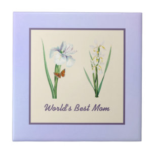 World's Best Mum Irises and Butterfly on Purple Ceramic Tile
