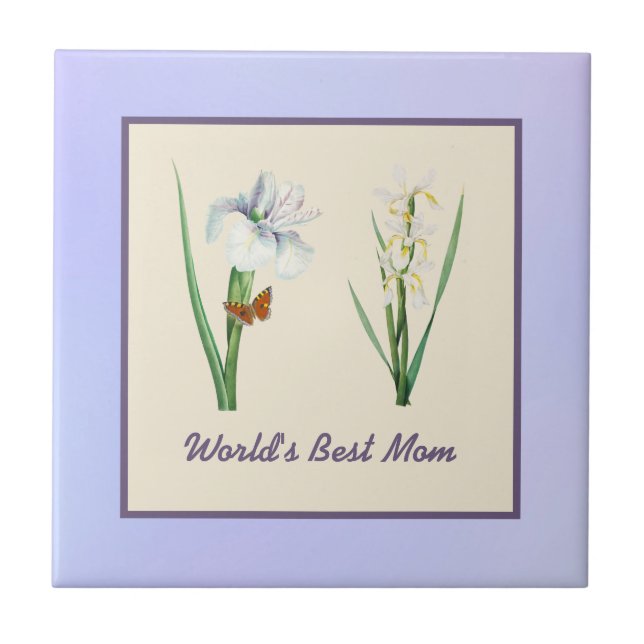 World's Best Mum Irises and Butterfly on Purple Ceramic Tile (Front)