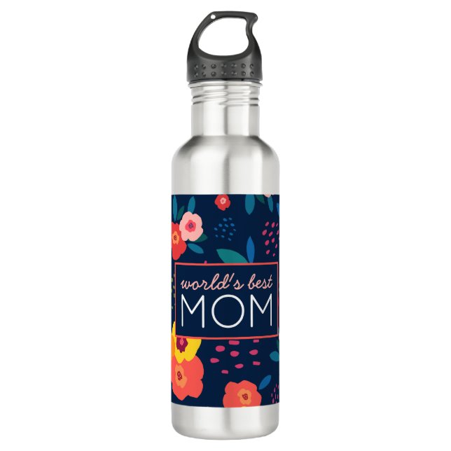 World's Best Mum Modern Floral in Blue 710 Ml Water Bottle (Front)
