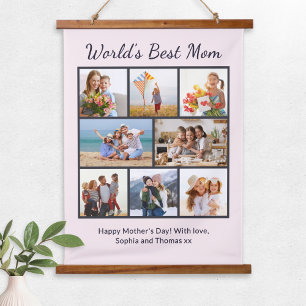 World's Best Mum Mother's Day Photo Collage Pink Hanging Tapestry