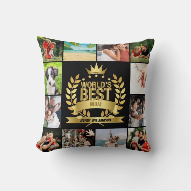 World's Best Mum Mum Mother Photo Collage Black Cushion (Front)