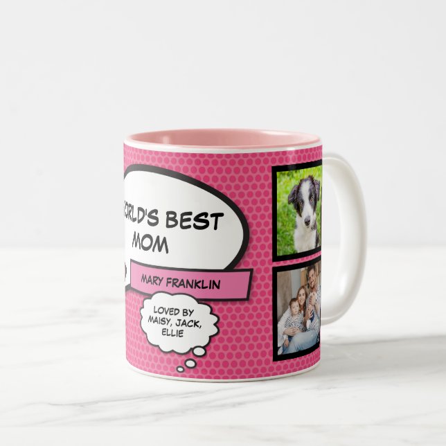 Worlds Best Mum Photo Collage Fun Girly Pink Two-Tone Coffee Mug (Front Right)