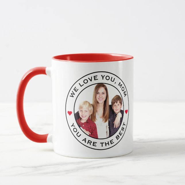 Worlds Best Mum Photo Heart Red White Black Text Mug (Left)