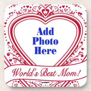 World's Best Mum! Photo Red Hearts Coaster