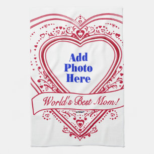 World's Best Mum! Photo Red Hearts Tea Towel