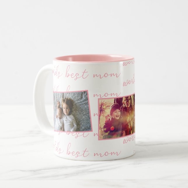 World's Best Mum Pink Custom Photos Two-Tone Coffee Mug (Front Left)