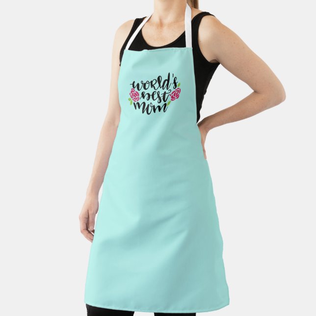 World's Best Mum, Pink Flowers, Light Teal Apron (Insitu)
