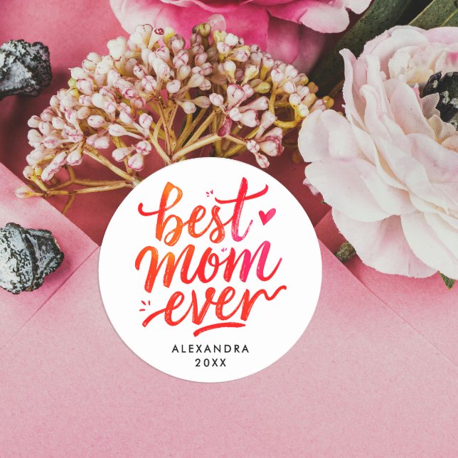 World's Best Mum Red And White Calligraphy Script Classic Round Sticker (Creator Uploaded)