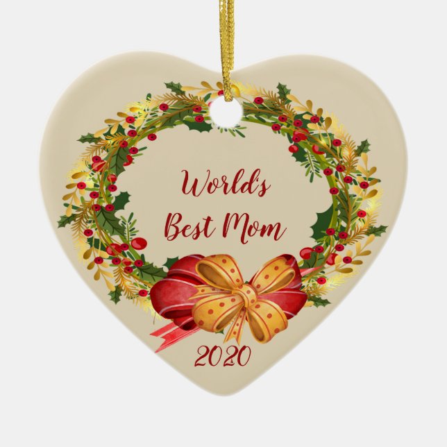 World's Best Mum with Antique Wreath Christmas Ceramic Ornament (Front)