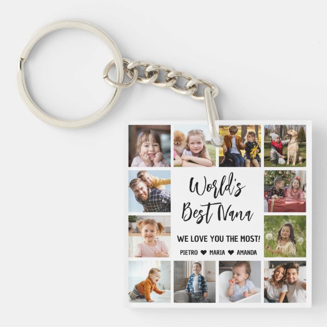 World's Best Nana Grandkids 12 Photo Collage Key Ring (Front)