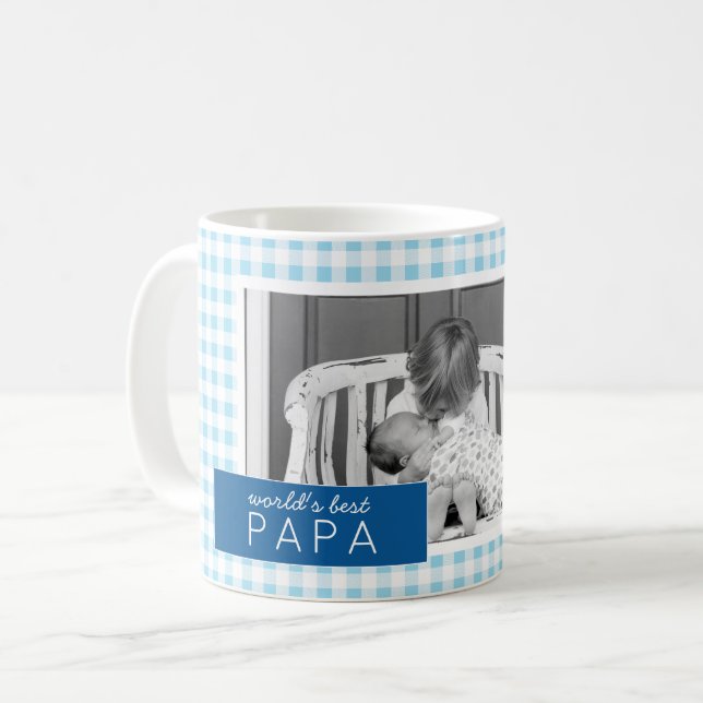 World's Best papa Gingham Personalized Photo Coffee Mug (Front Left)