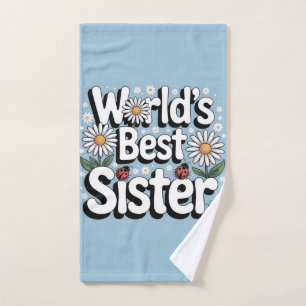 World's Best Sister Graphic: Retro Daisy & Ladybug Hand Towel