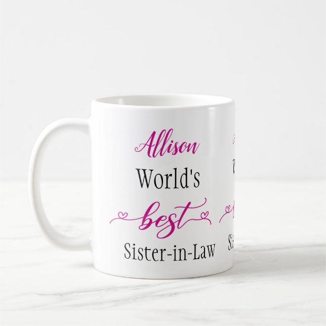 World's Best Sister-in-Law Pink Heart Personalized Coffee Mug (Left)