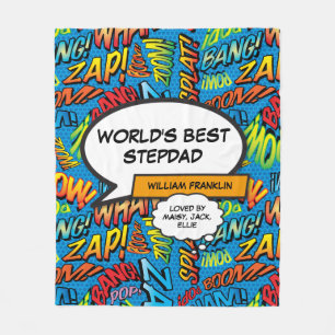 World's Best Stepfather, Stepdad Fun Comic Blue Fleece Blanket