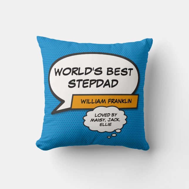 World's Best Stepfather, Stepdad Superhero Blue Cushion (Front)