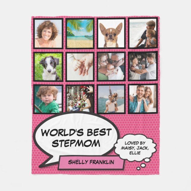 Worlds Best Stepmom 12 Photo Pink Fleece Blanket (Front)