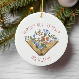 World's Best Teacher Book Floral Ceramic Ornament