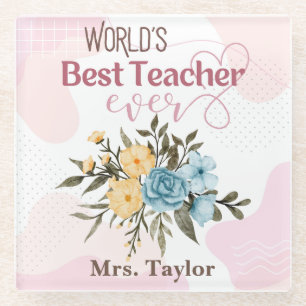 World's Best Teacher Ever Floral Personalised Glass Coaster